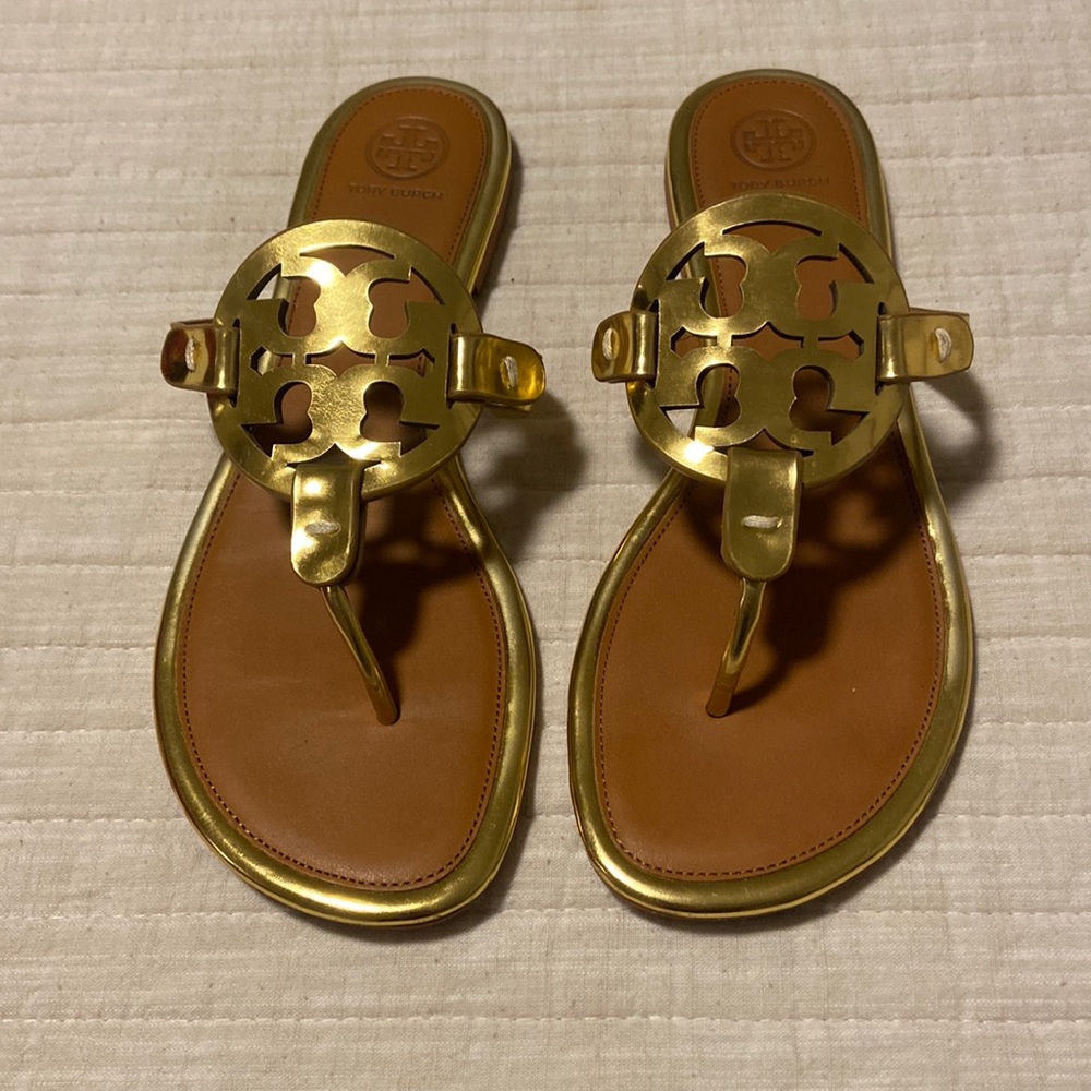 Tory Burch miller mirror metallic gold/tan sandals